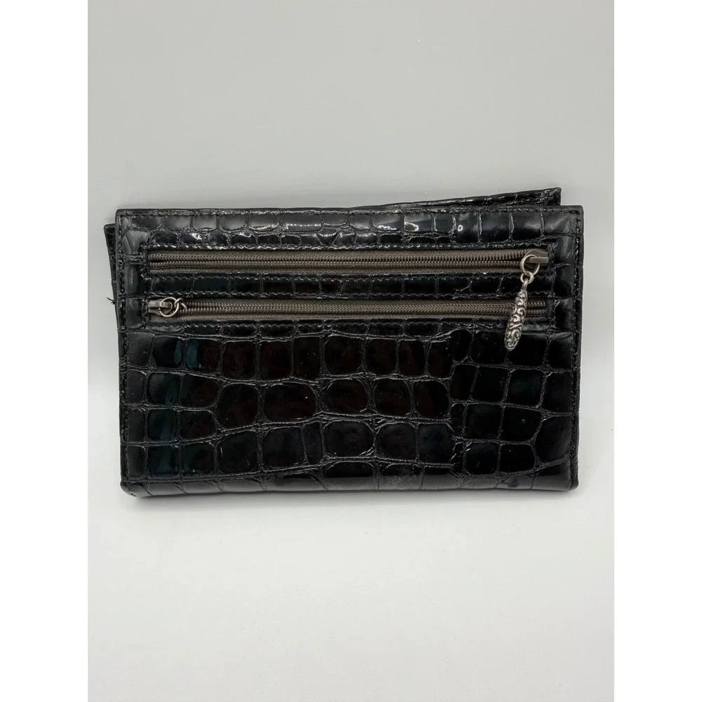 Brighton Black Croc Embossed Patent Leather Wallet Pewter Metallic Interior